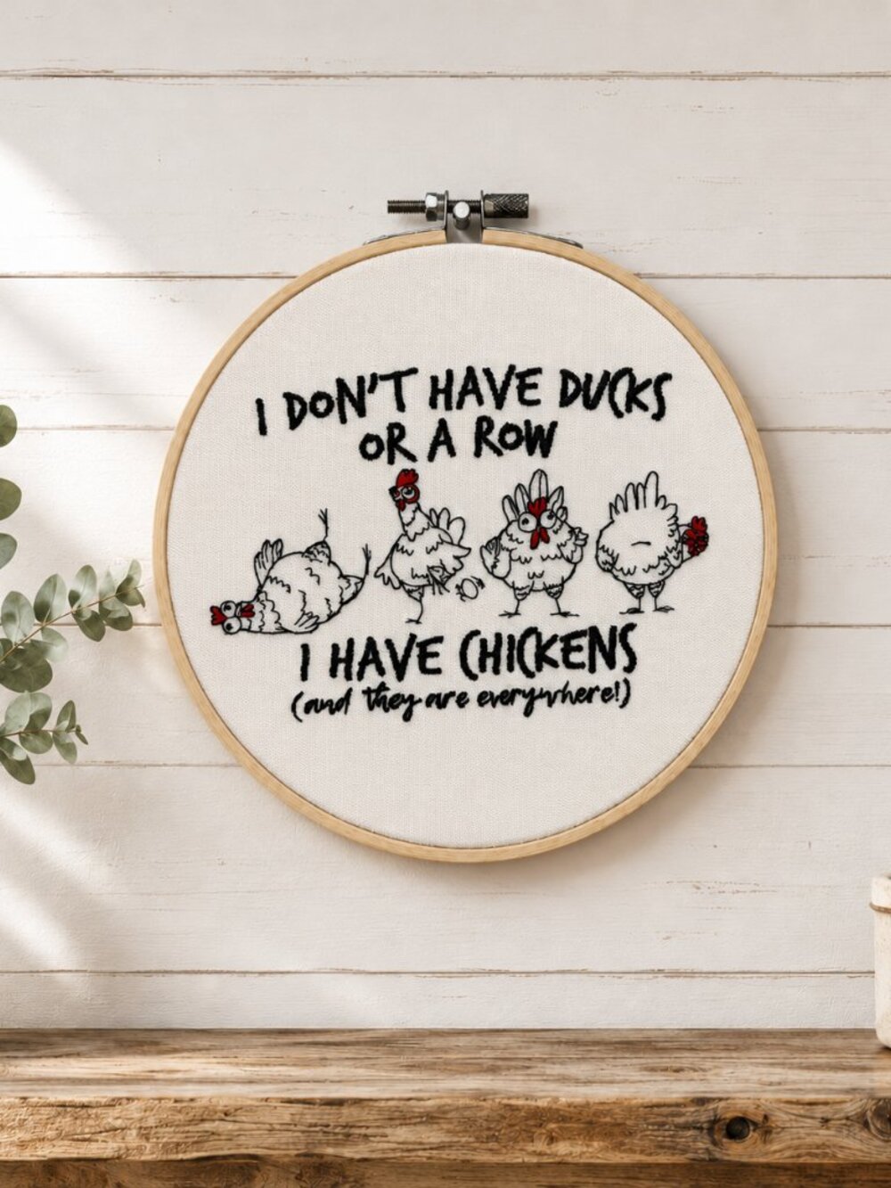 Chickens In A Row Embroidery Hoop Wall Art, 8 Inch Embroidery Decor